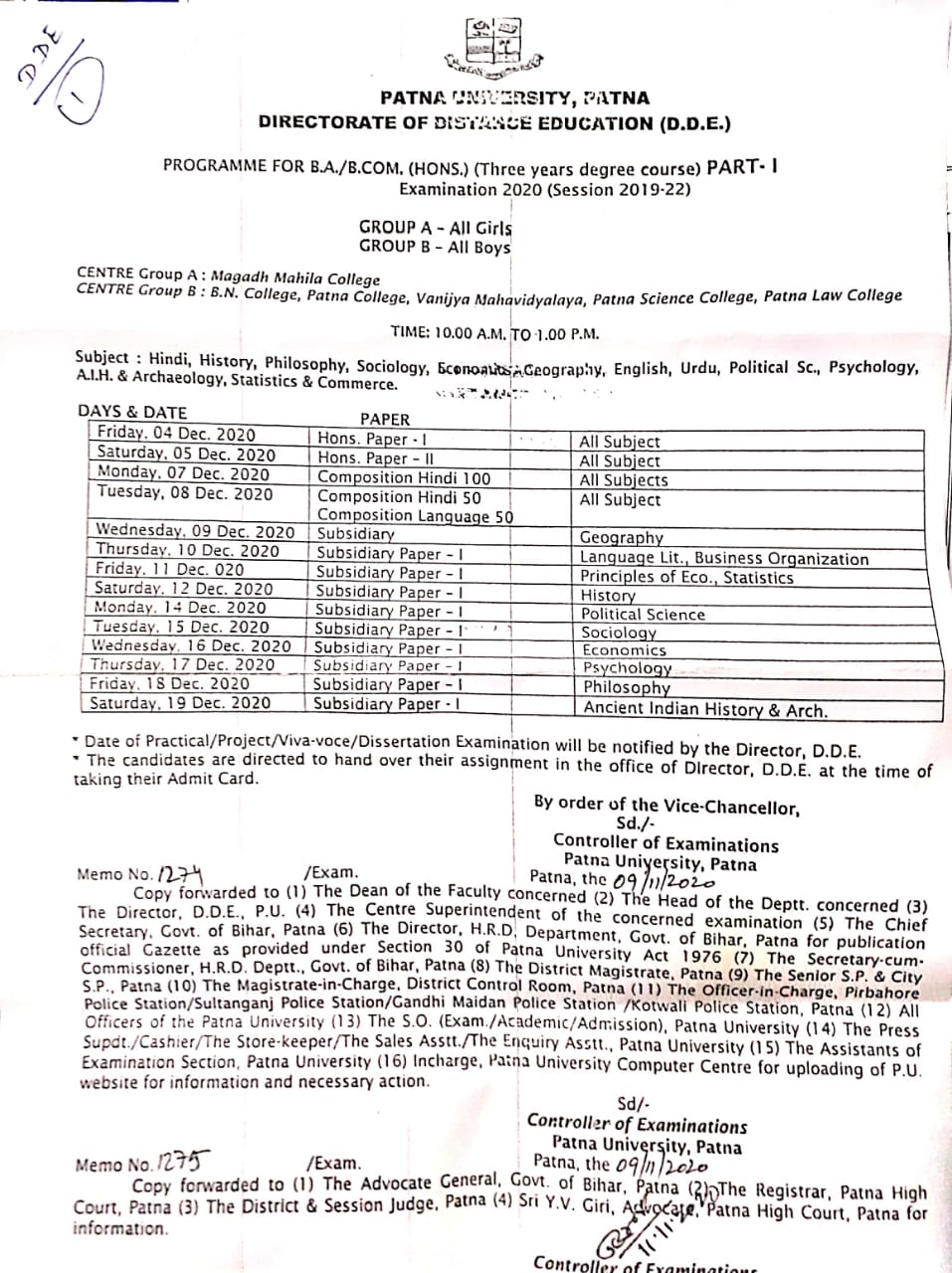 Programme For B.A./ B.Com. (Hons.) (Three Years Degree Course) Part-I Examination 2020 (Session 2019-22)